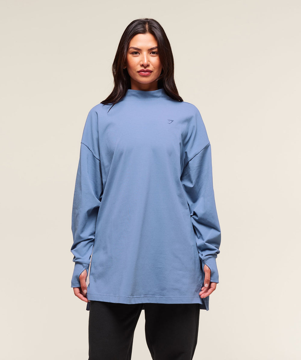 Covered Longline Cotton Long Sleeve Top Worn Blue