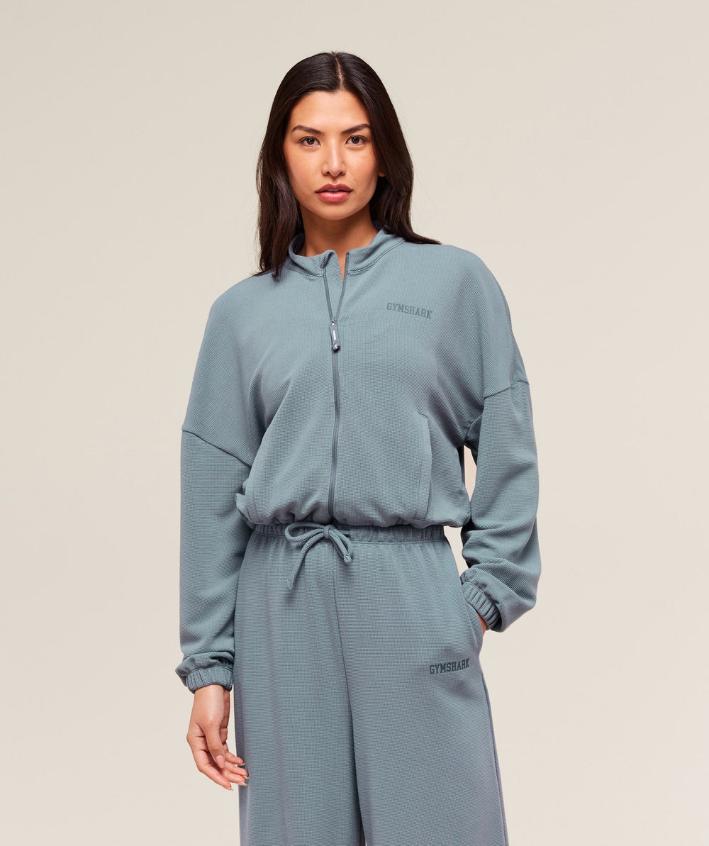 Waffle Midi Zip Up Jacket Iron Blue