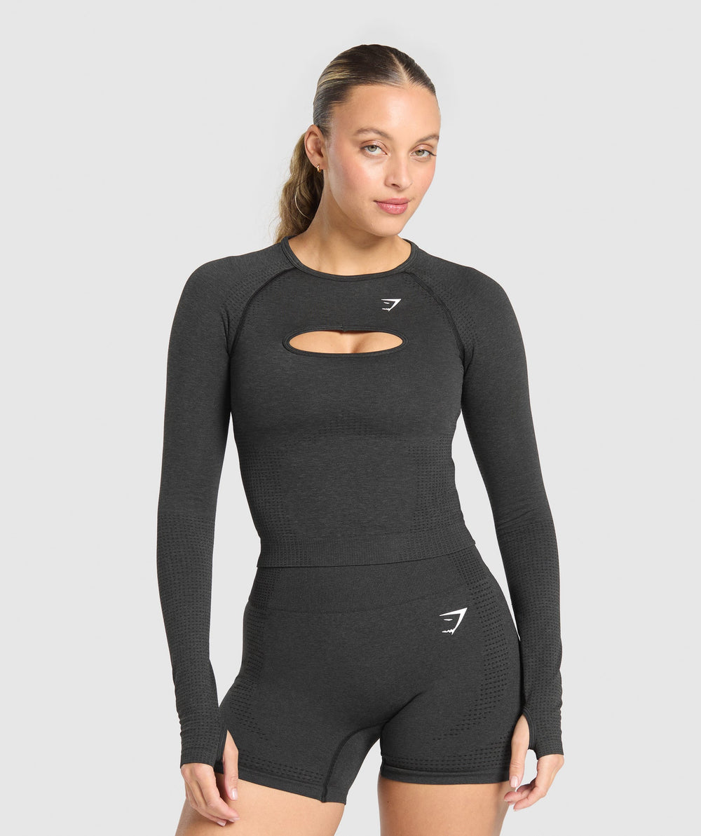 Vital Long Sleeve Cut Out Top Black Marl