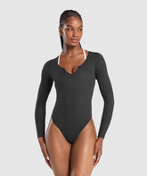 Ribbed Cotton Long Sleeve Bodysuit Black Marl
