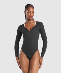 Ribbed Cotton Long Sleeve Bodysuit Black Marl