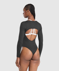 Ribbed Cotton Long Sleeve Bodysuit Black Marl
