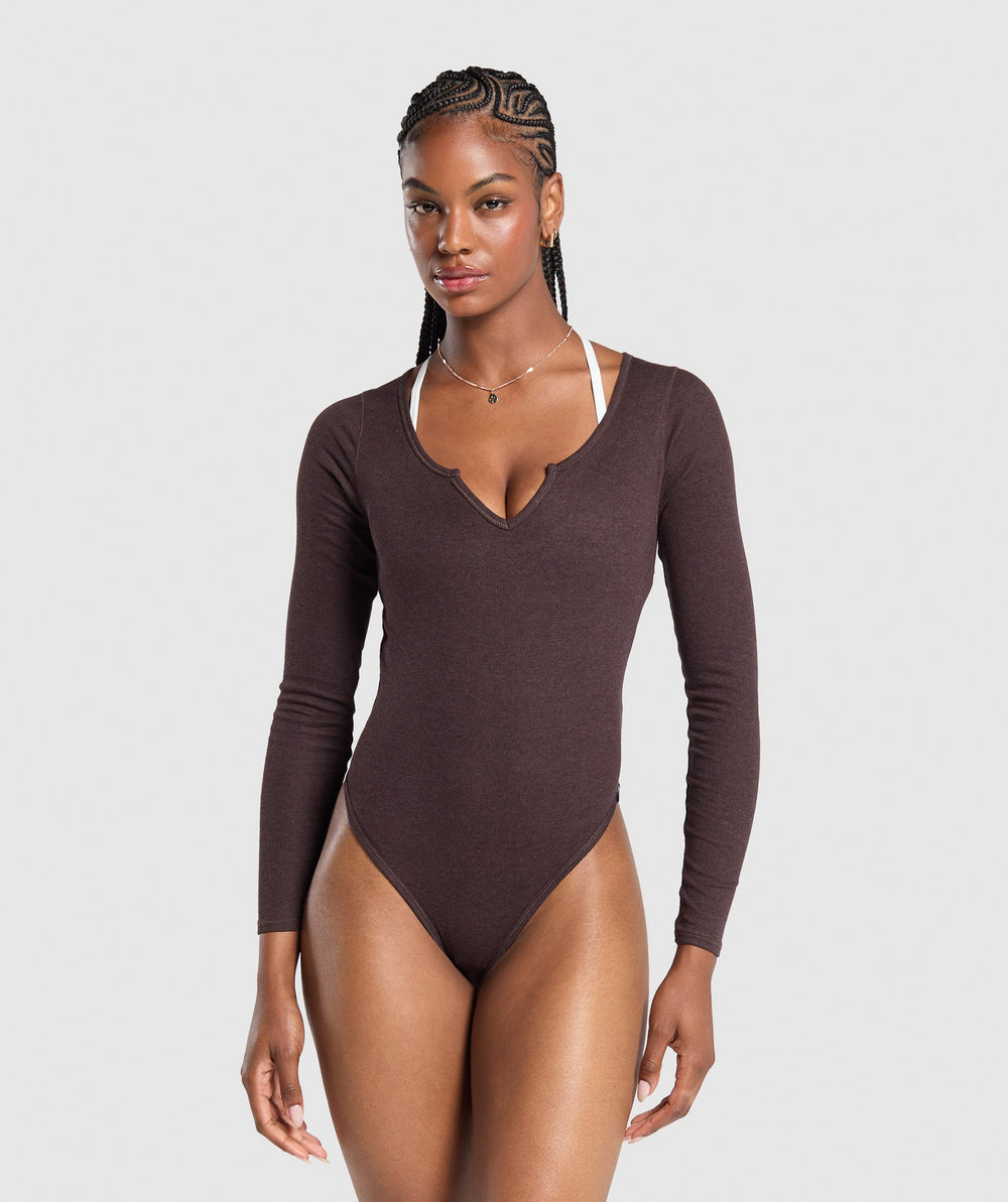 Ribbed Cotton Long Sleeve Bodysuit Brown Marl