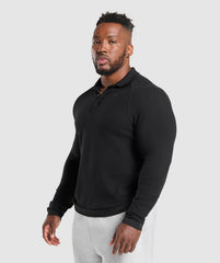Long Sleeve Waffle Polo Shirt Black