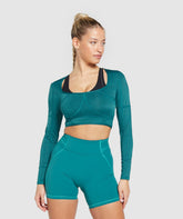Stitch Feature Long Sleeve Crop Top Ocean Teal