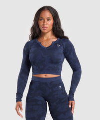 Adapt Camo Long Sleeve Crop Top Midnight Blue/Ash Blue