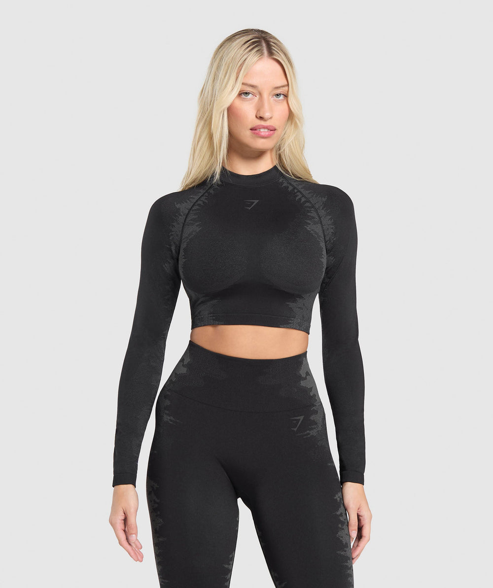 Caged Seamless Long Sleeve Crop Top Black/Graphite Grey