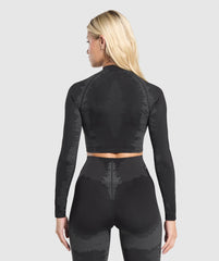 Caged Seamless Long Sleeve Crop Top Black/Graphite Grey