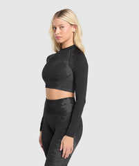 Caged Seamless Long Sleeve Crop Top Black/Graphite Grey