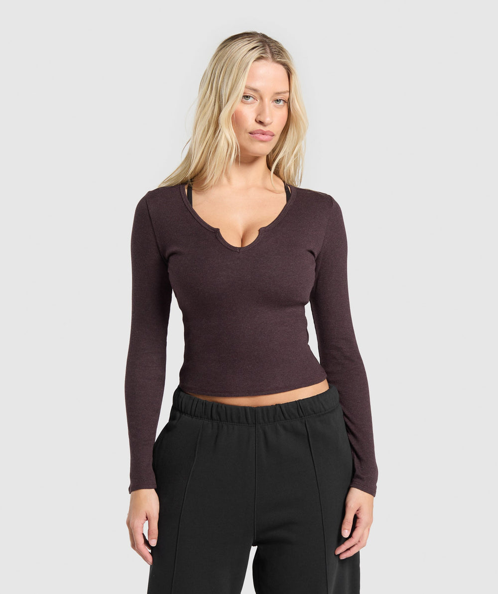 Rib Long Sleeve Top Brown Marl