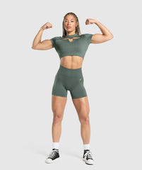 Adapt Monogram Seamless Ruched Crop Top Slate Teal/Cargo Teal
