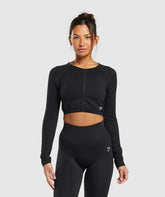 Sweat Seamless Long Sleeve Zip Crop Top Black