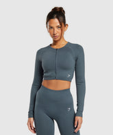 Sweat Seamless Long Sleeve Zip Crop Top Titanium Blue