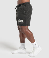 Distressed Graphic 7" Shorts Black Acid Wash