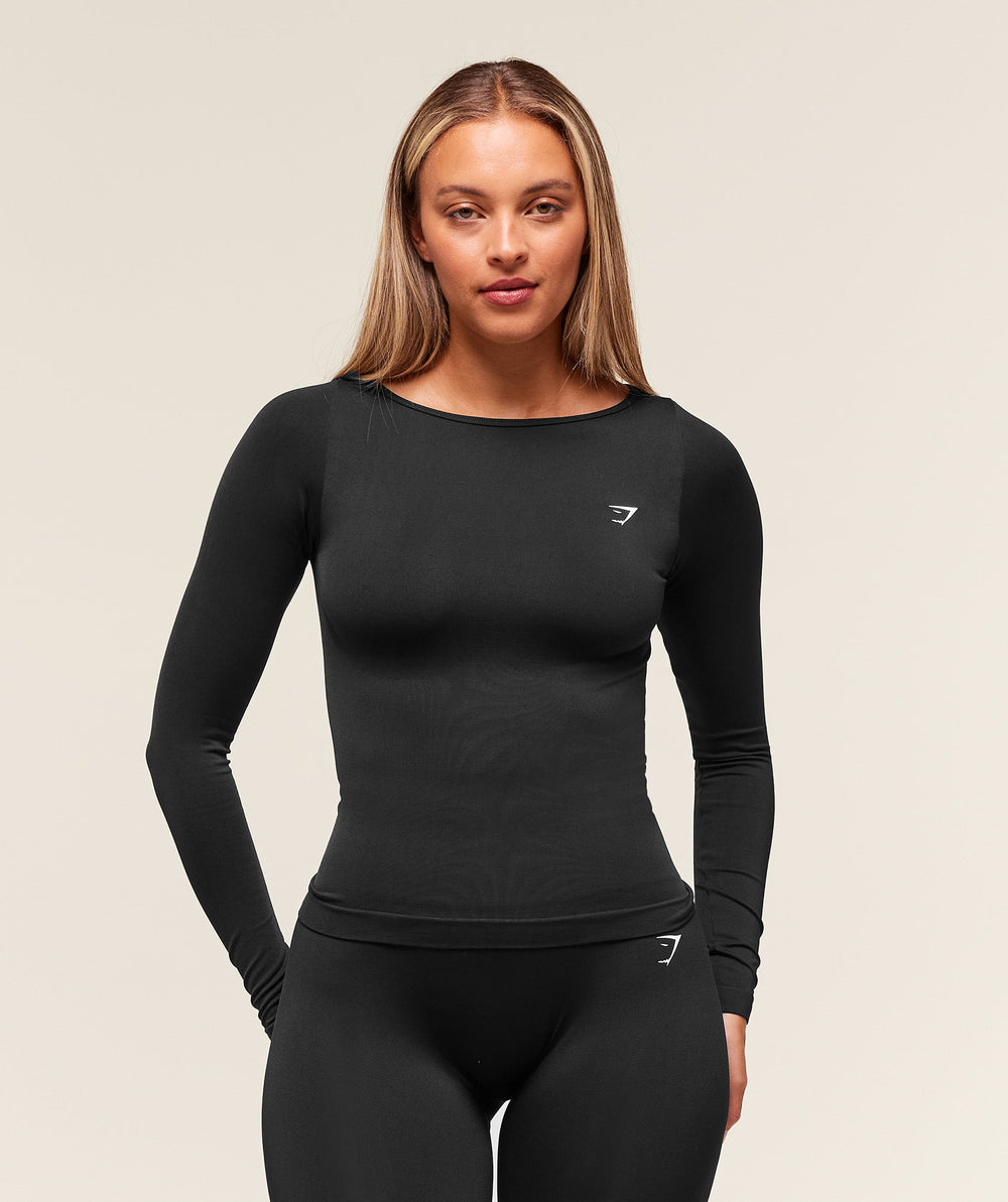 Everyday Seamless Wide Neck Long Sleeve Top Black