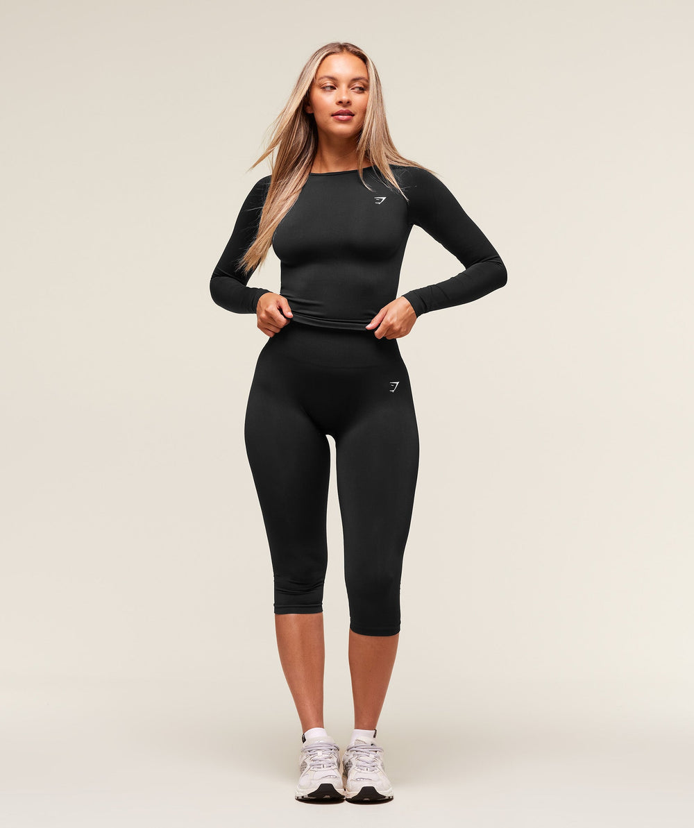 Everyday Seamless Wide Neck Long Sleeve Top Black