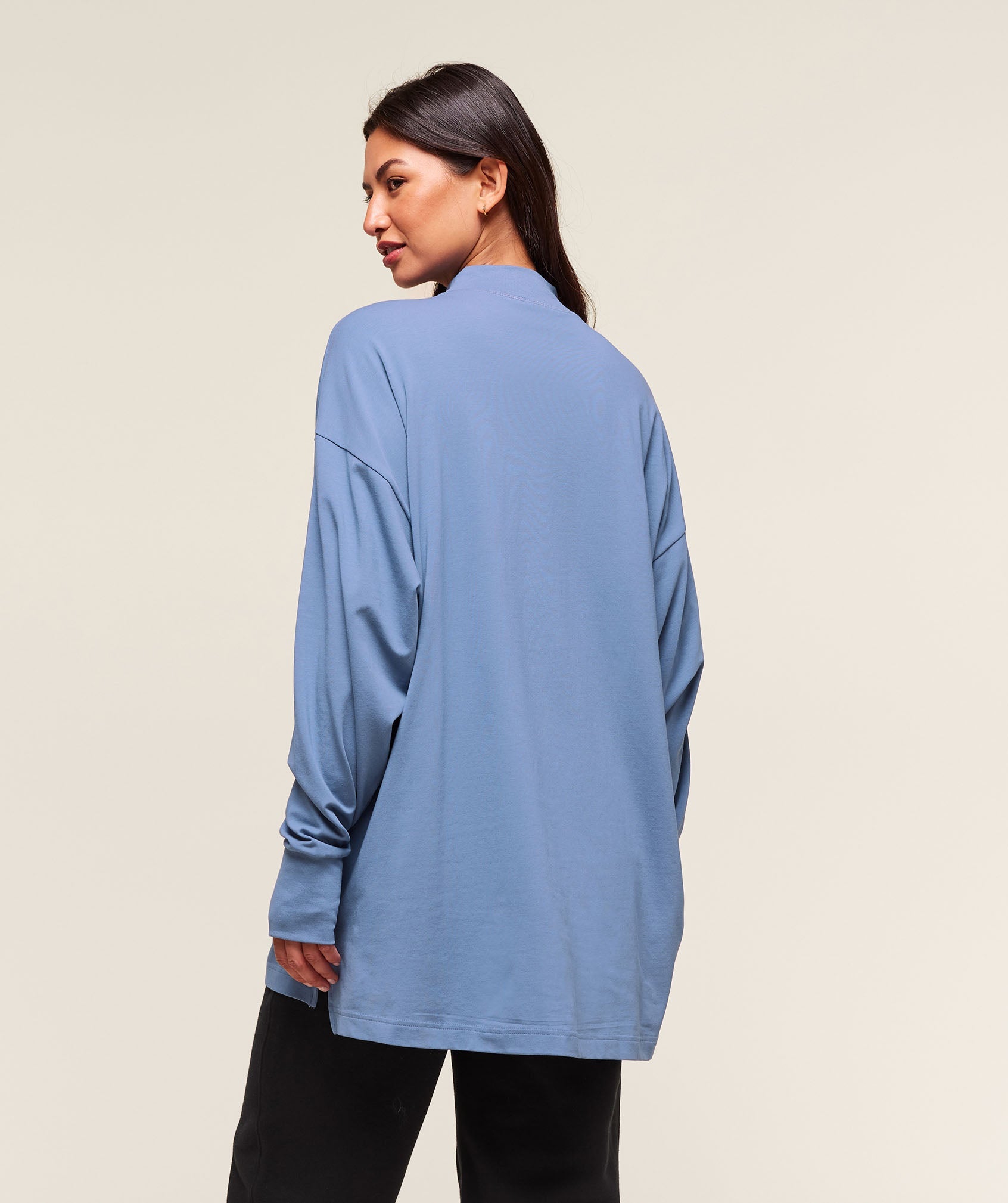 Covered Longline Cotton Long Sleeve Top Worn Blue