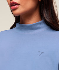 Covered Longline Cotton Long Sleeve Top Worn Blue