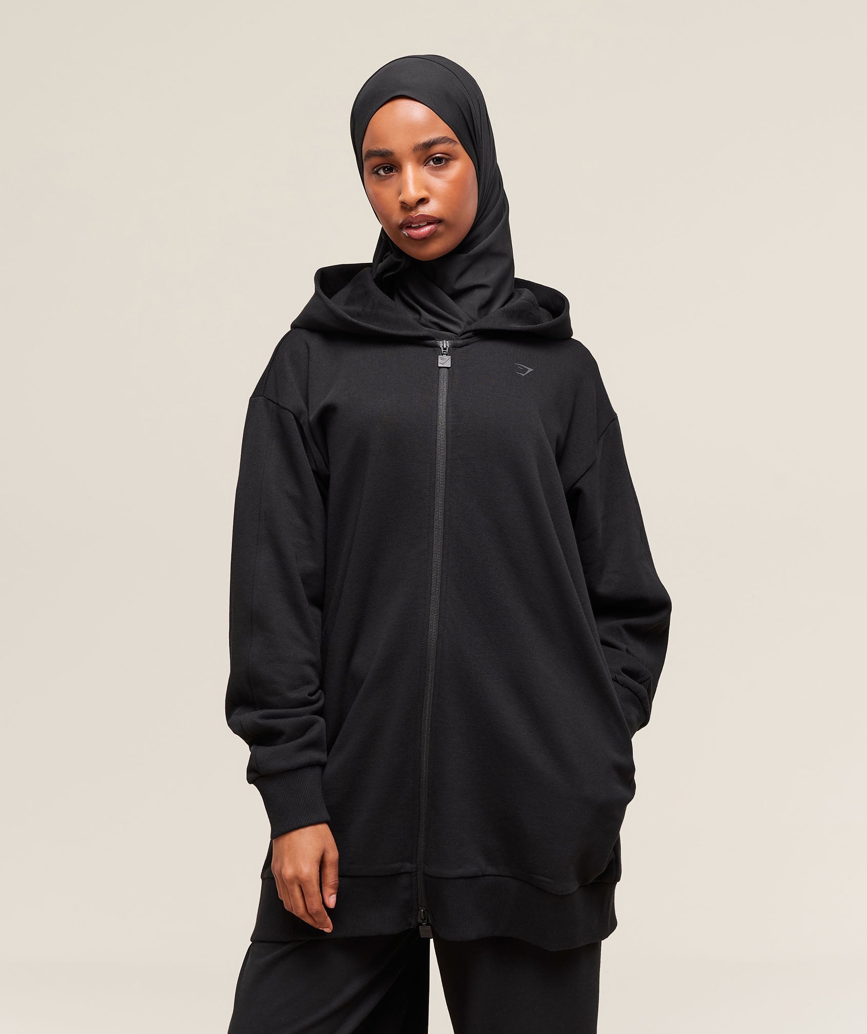 Covered Longline Zip Up Hoodie Black