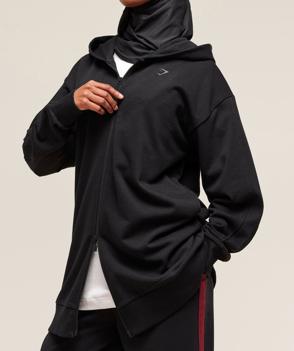 Covered Longline Zip Up Hoodie Black