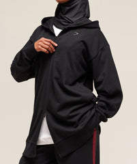 Covered Longline Zip Up Hoodie Black