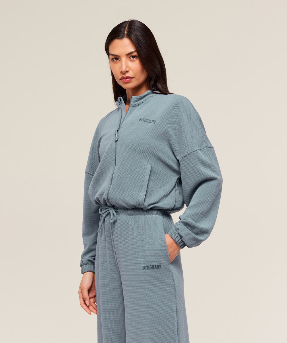 Waffle Midi Zip Up Jacket Iron Blue
