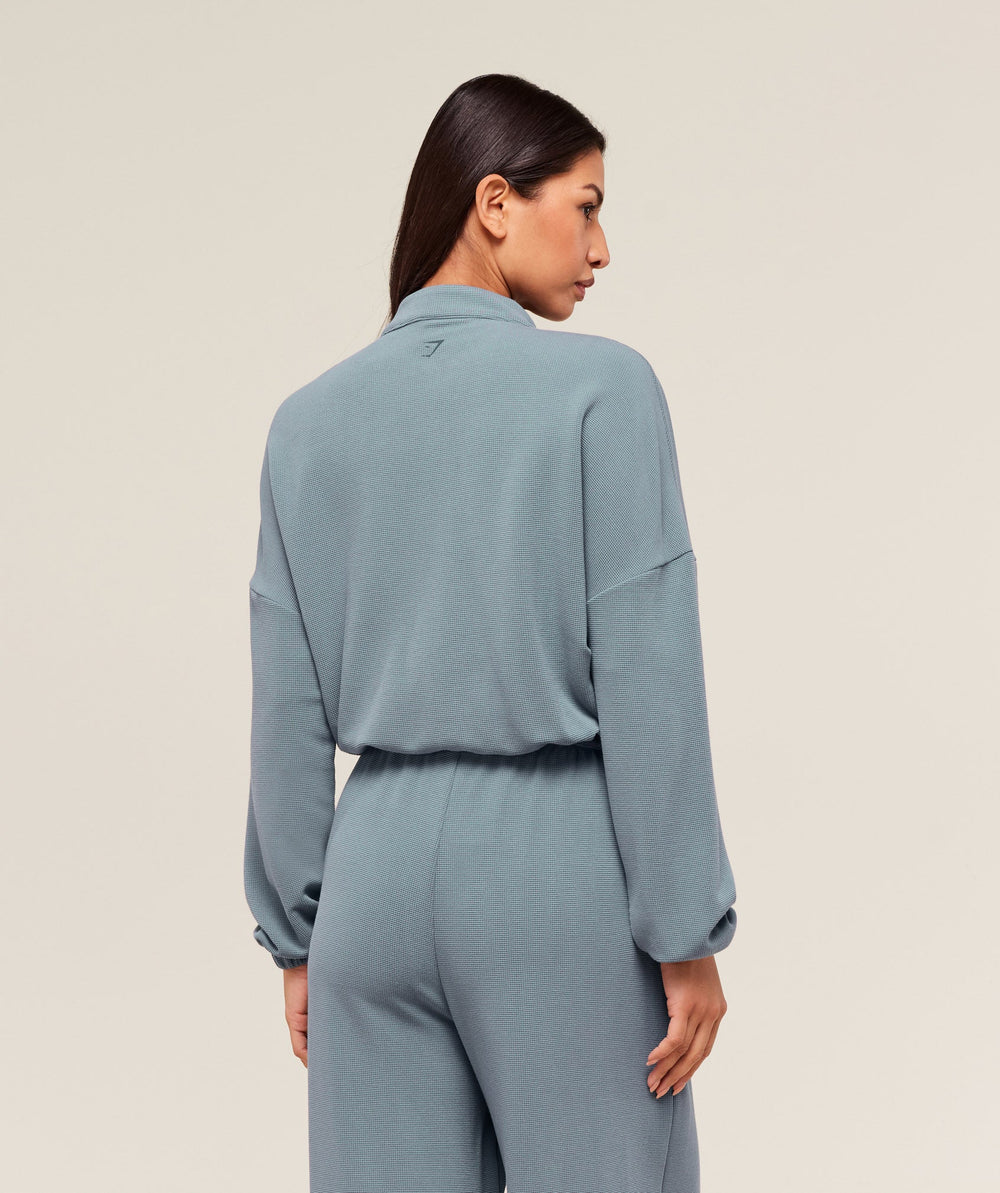 Waffle Midi Zip Up Jacket Iron Blue