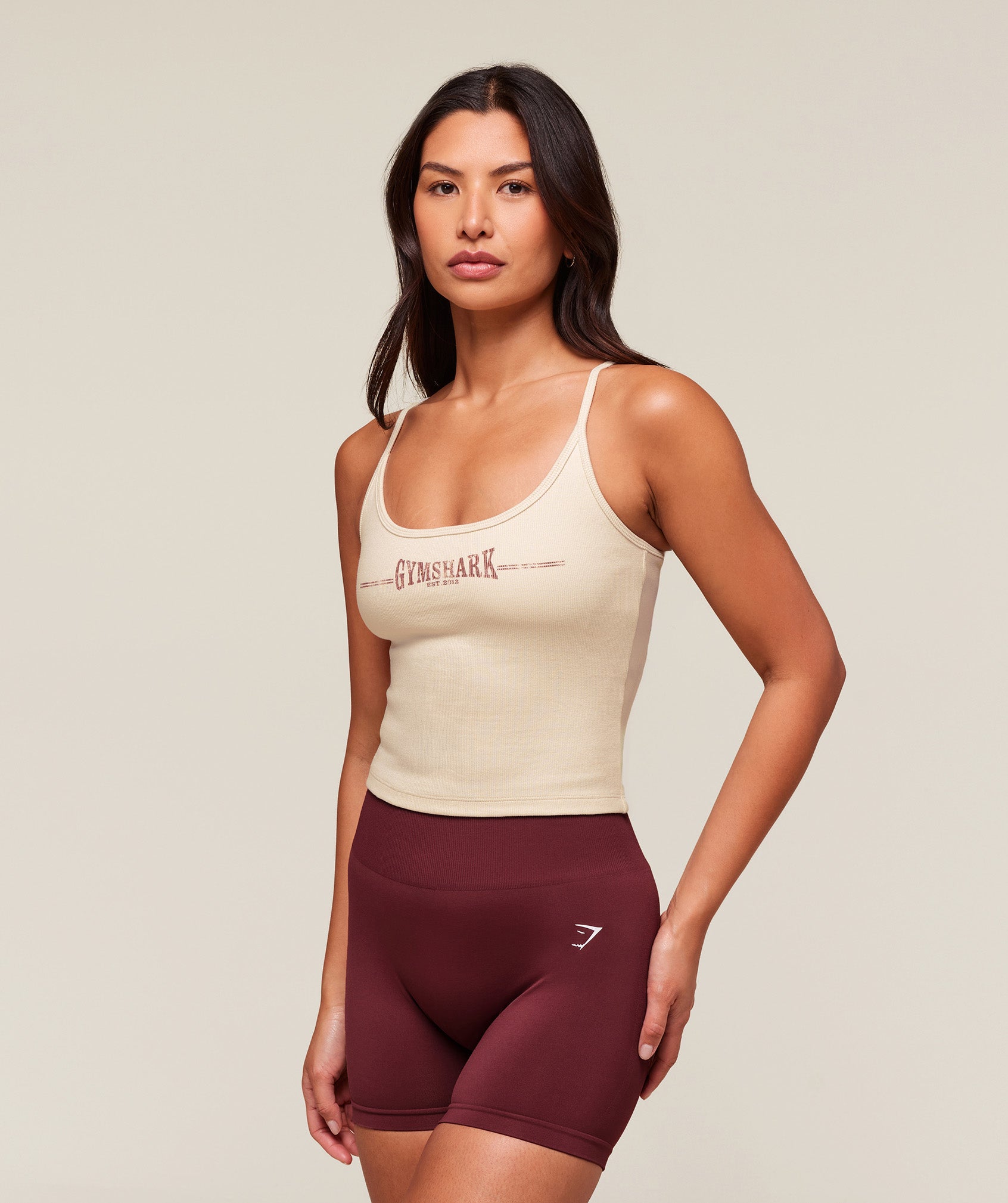 Ribbed Cotton Midi Shelf Tank Oat White/Burgundy Brown