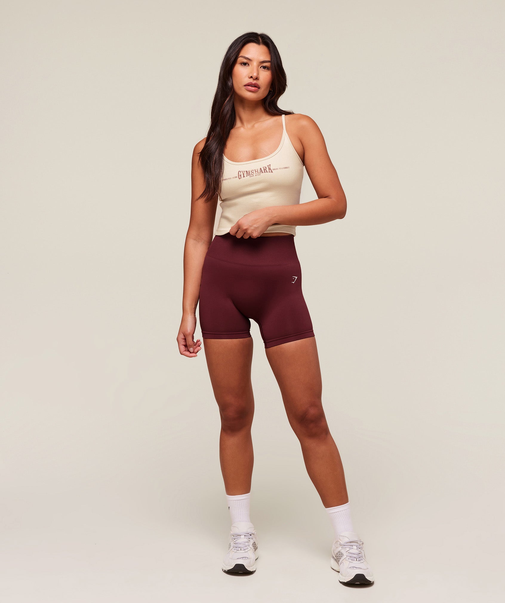 Ribbed Cotton Midi Shelf Tank Oat White/Burgundy Brown