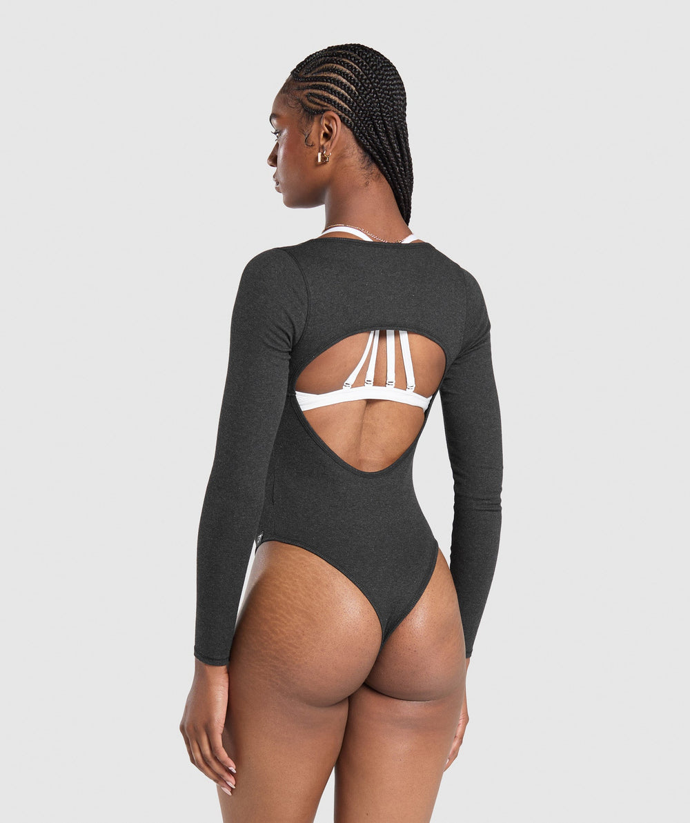 Ribbed Cotton Long Sleeve Bodysuit Black Marl