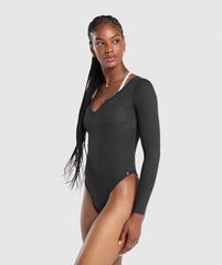 Ribbed Cotton Long Sleeve Bodysuit Black Marl