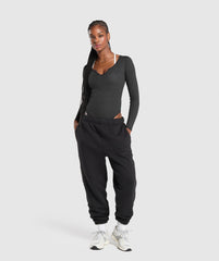 Ribbed Cotton Long Sleeve Bodysuit Black Marl