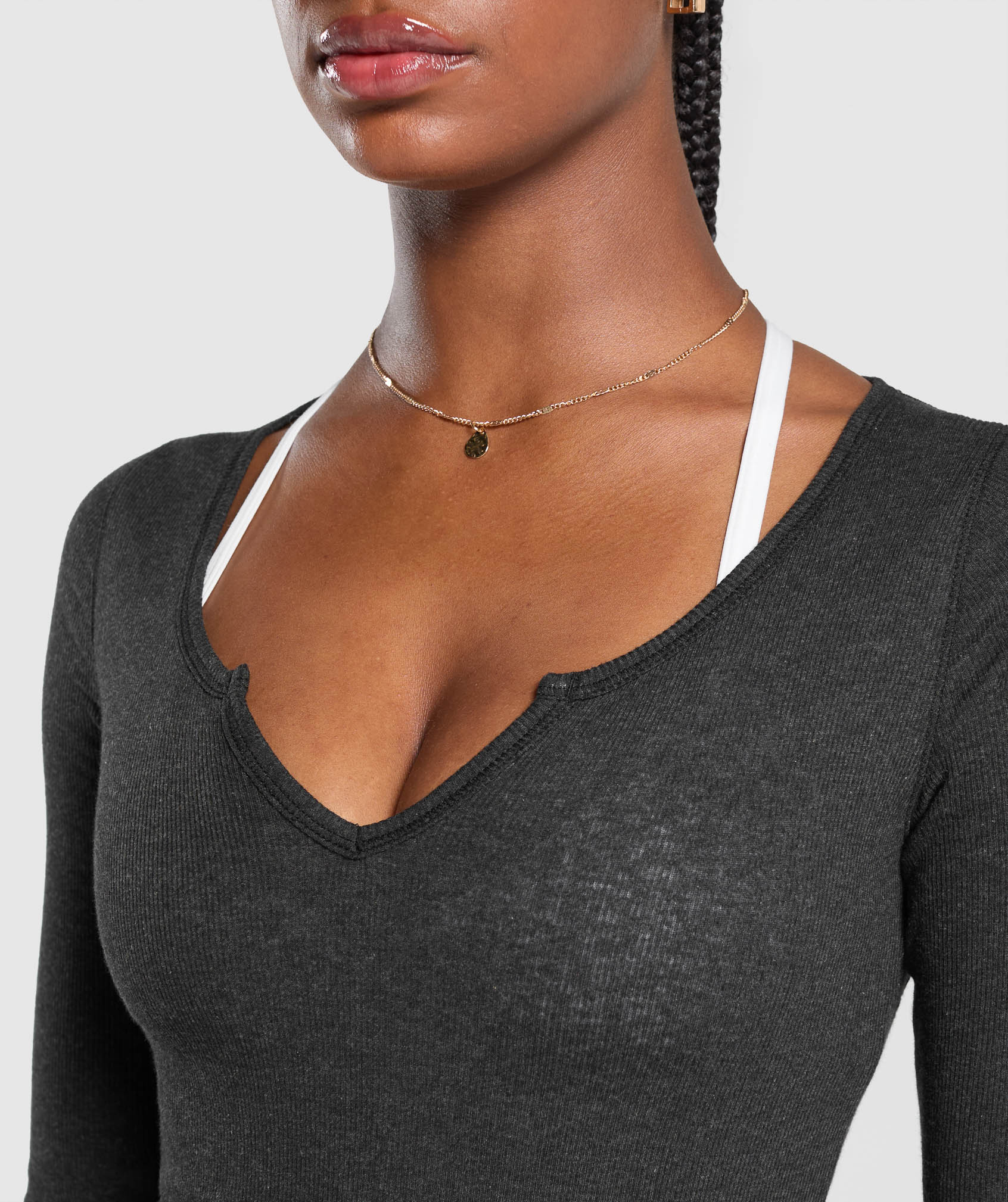 Ribbed Cotton Long Sleeve Bodysuit Black Marl