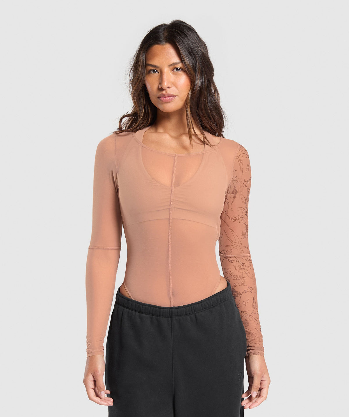 Elevate Tattoo Graphic Mesh Bodysuit Autumn Brown