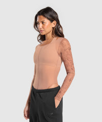 Elevate Tattoo Graphic Mesh Bodysuit Autumn Brown