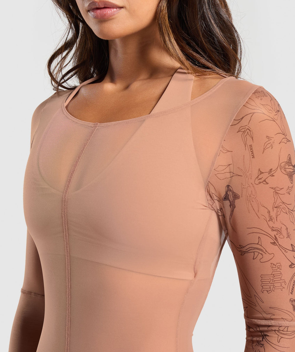 Elevate Tattoo Graphic Mesh Bodysuit Autumn Brown