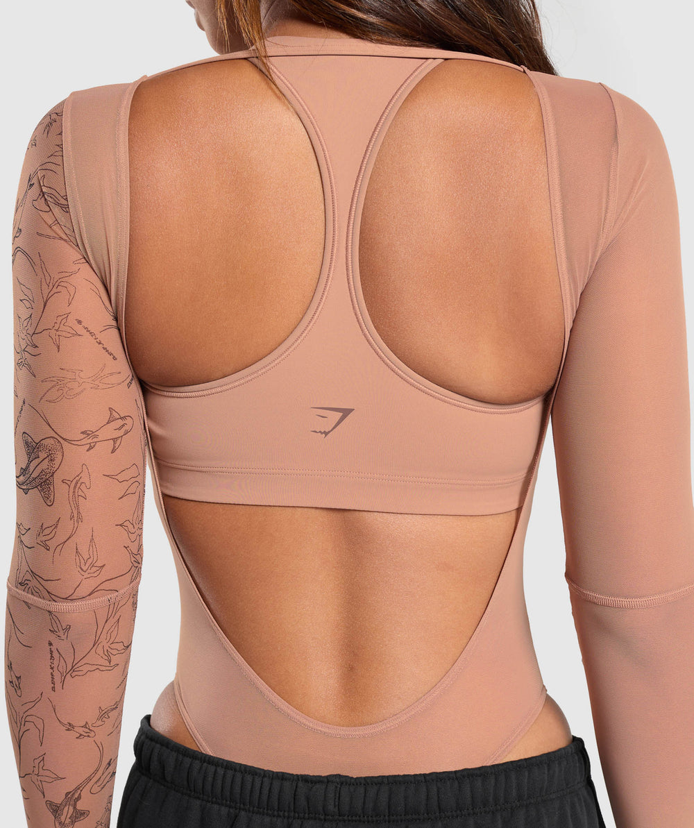 Elevate Tattoo Graphic Mesh Bodysuit Autumn Brown