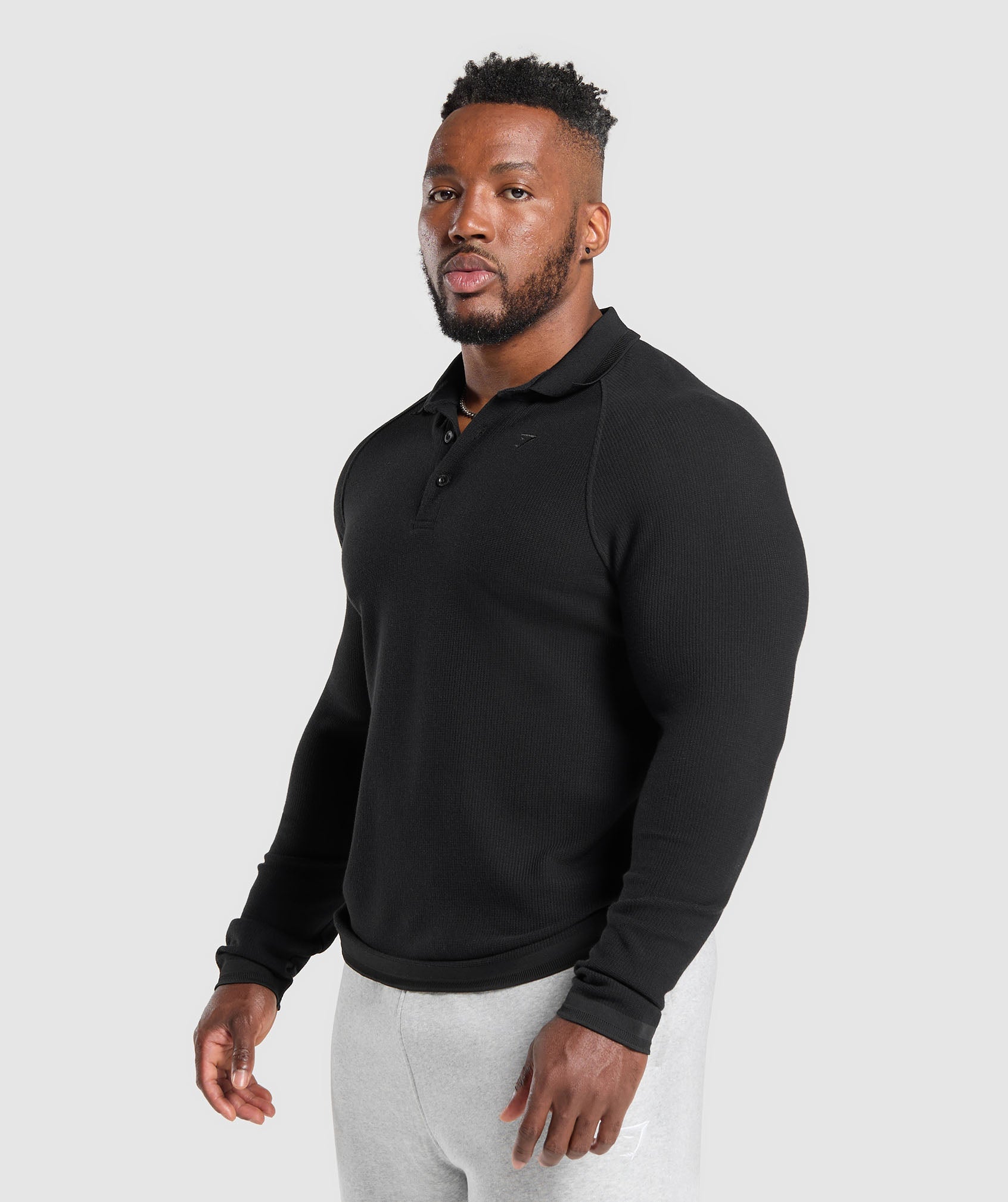 Long Sleeve Waffle Polo Shirt Black