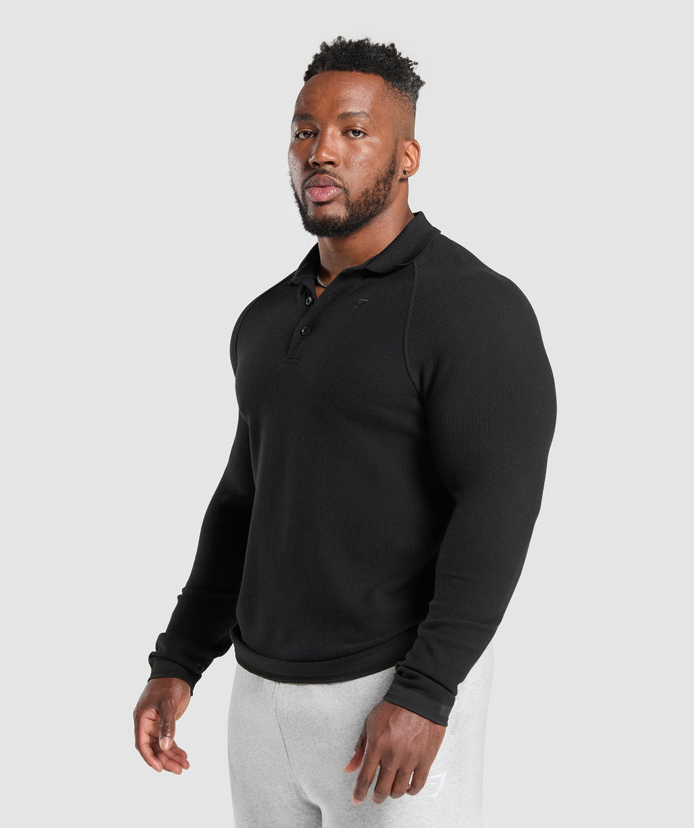 Long Sleeve Waffle Polo Shirt Black