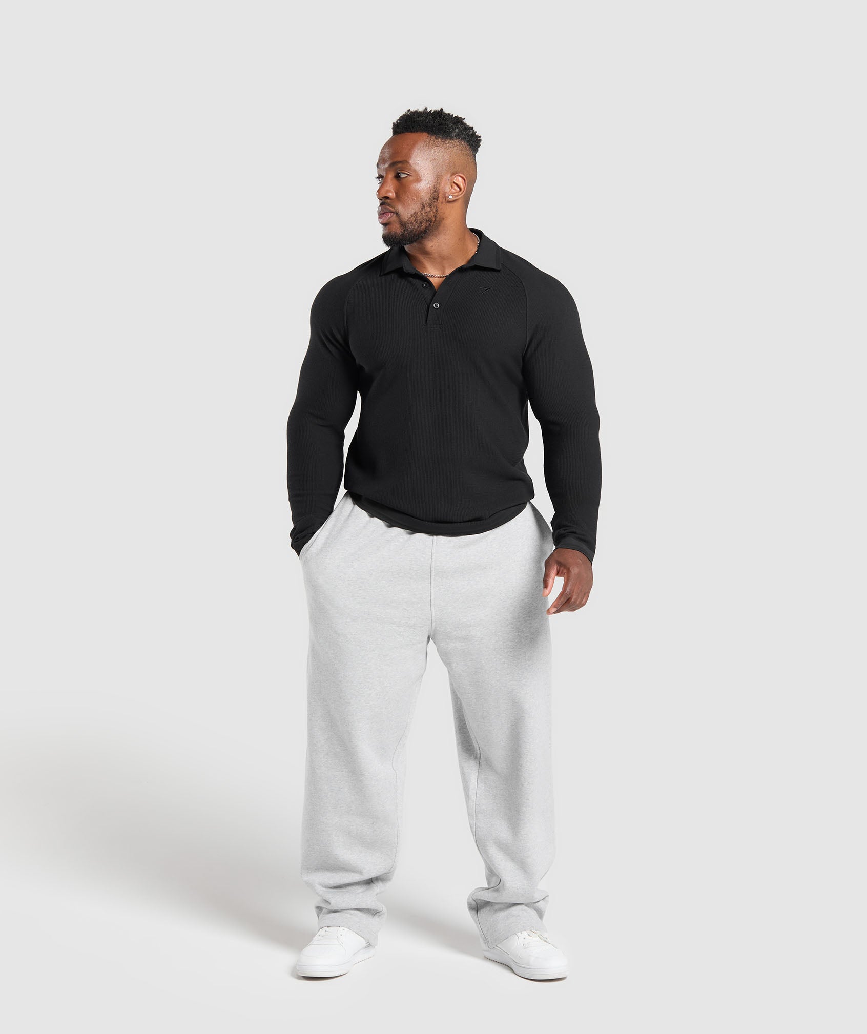 Long Sleeve Waffle Polo Shirt Black
