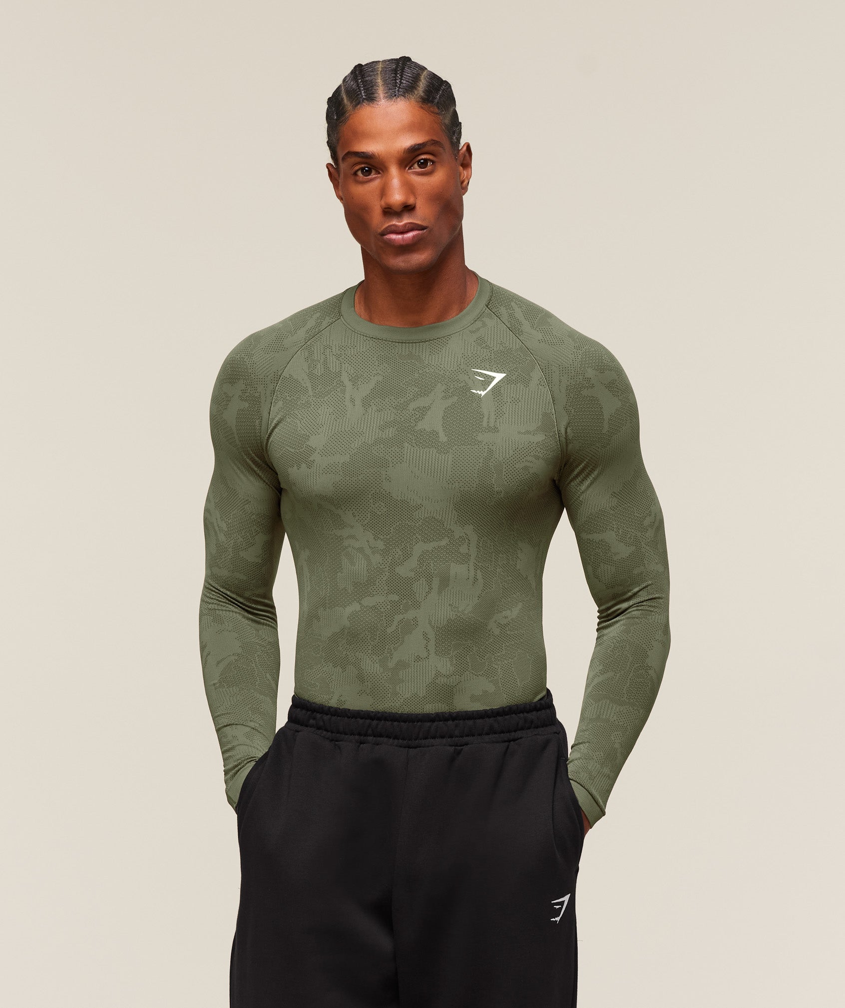 Geo Seamless Long Sleeve T-Shirt Core Olive/Deep Olive Green