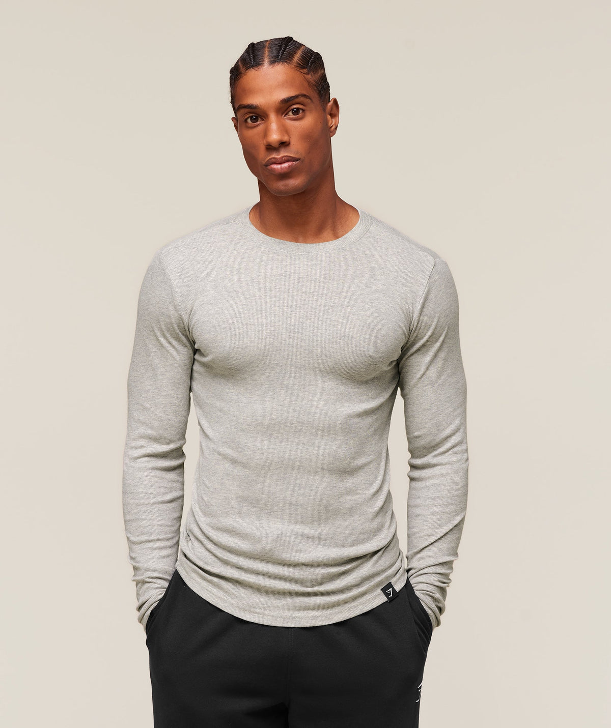Ribbed Long Sleeve T-Shirt Stone Grey Marl
