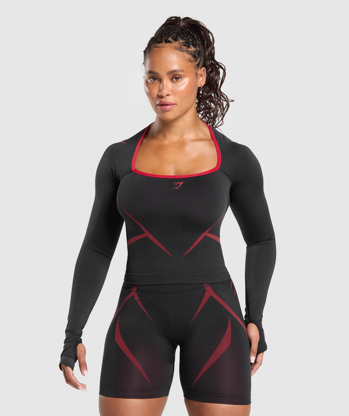 Apex Lift Seamless Long Sleeve Crop Top Black/Carmine Red