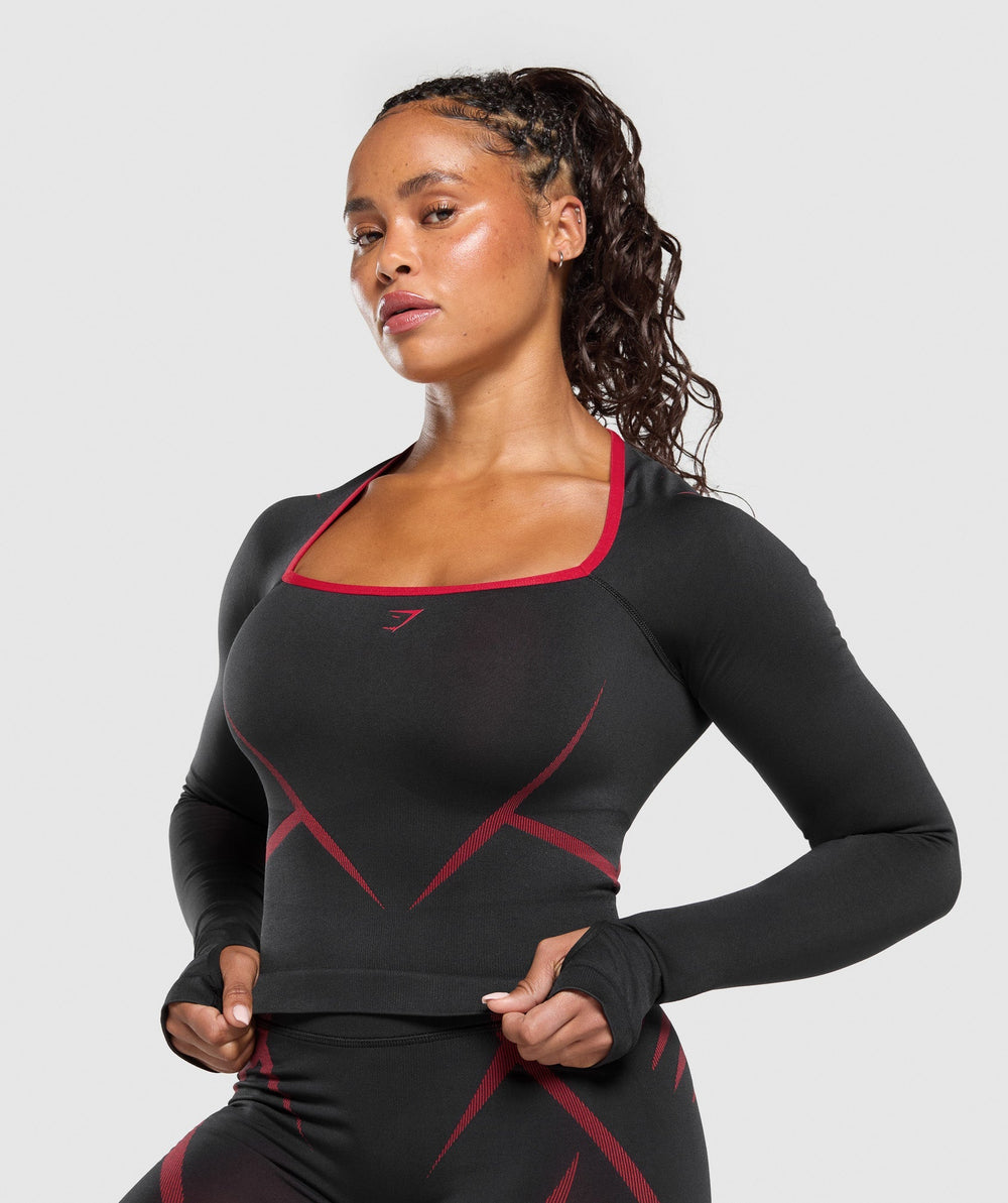 Apex Lift Seamless Long Sleeve Crop Top Black/Carmine Red