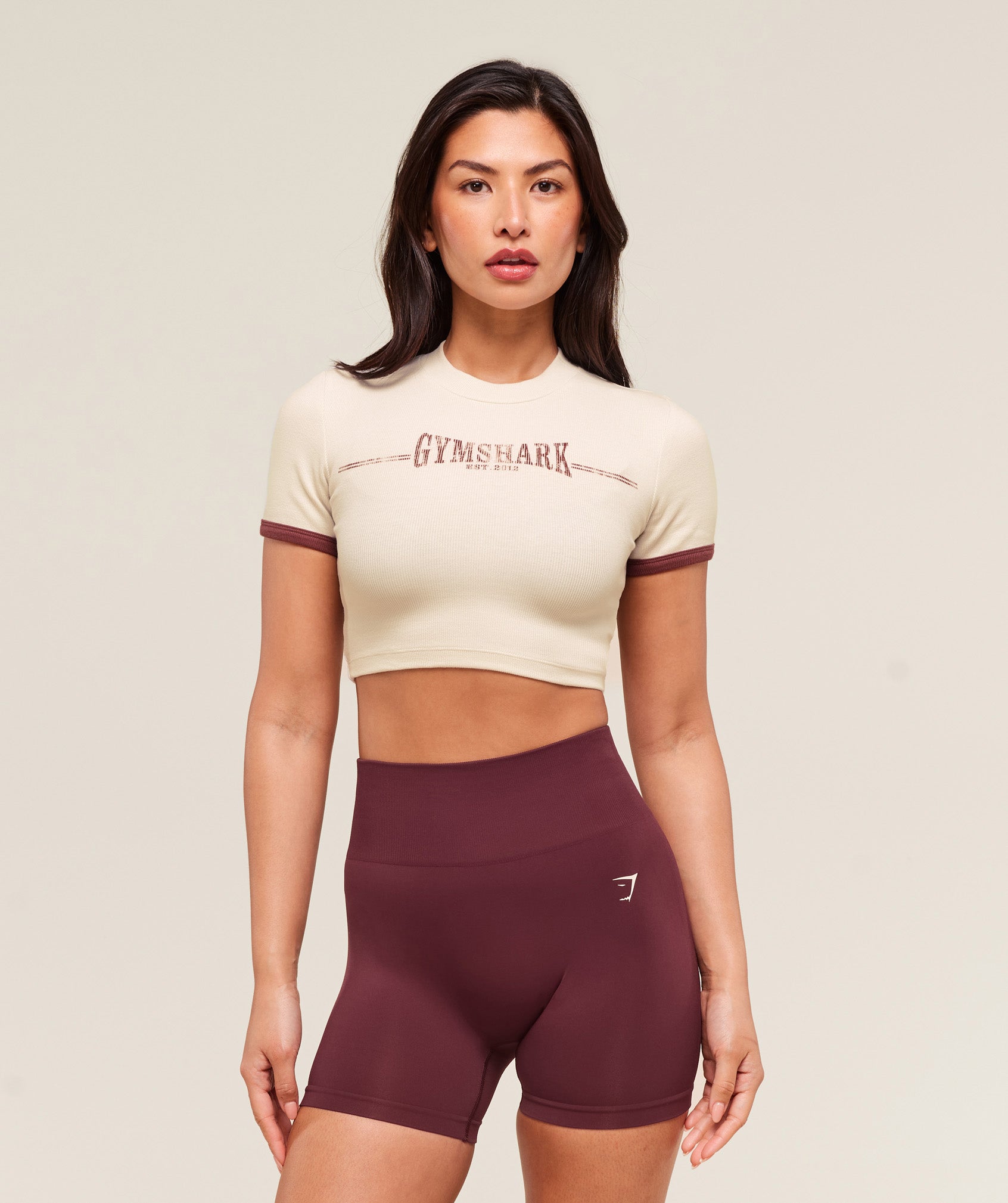 Ribbed Cotton Crop Top Oat White/Burgundy Brown