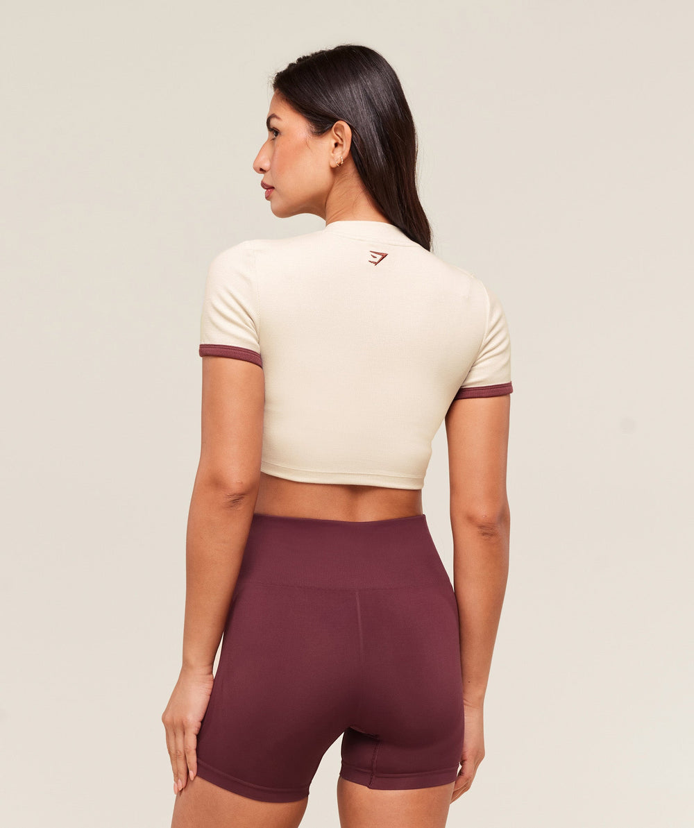 Ribbed Cotton Crop Top Oat White/Burgundy Brown