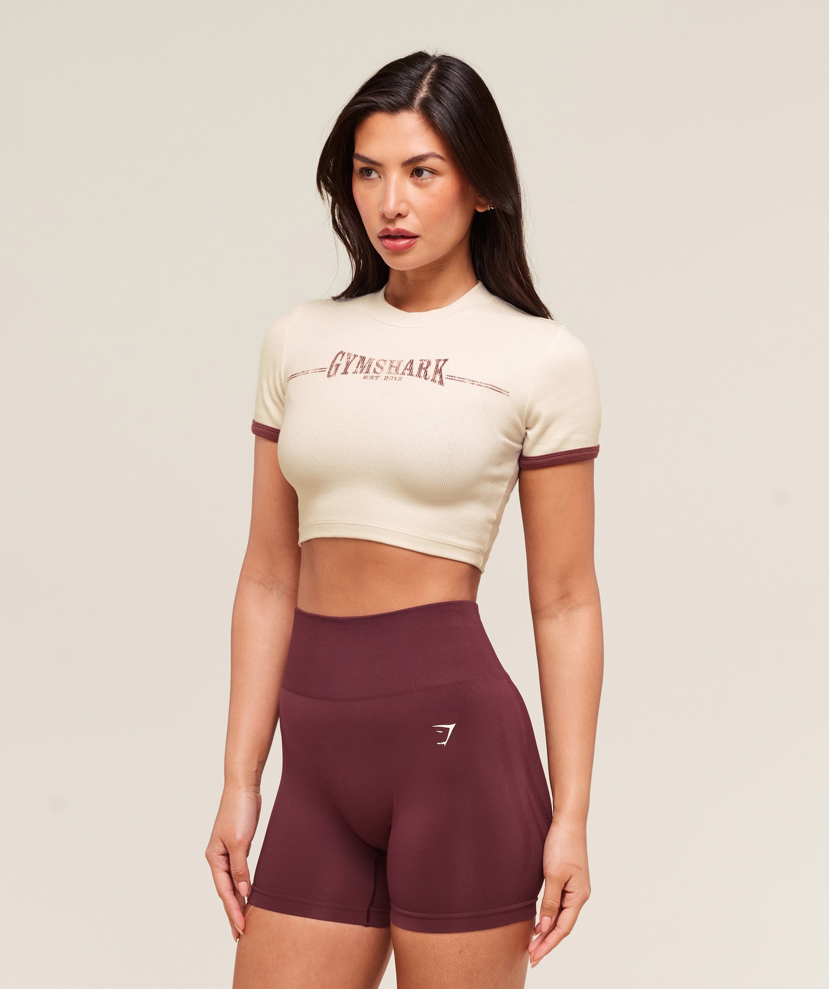 Ribbed Cotton Crop Top Oat White/Burgundy Brown