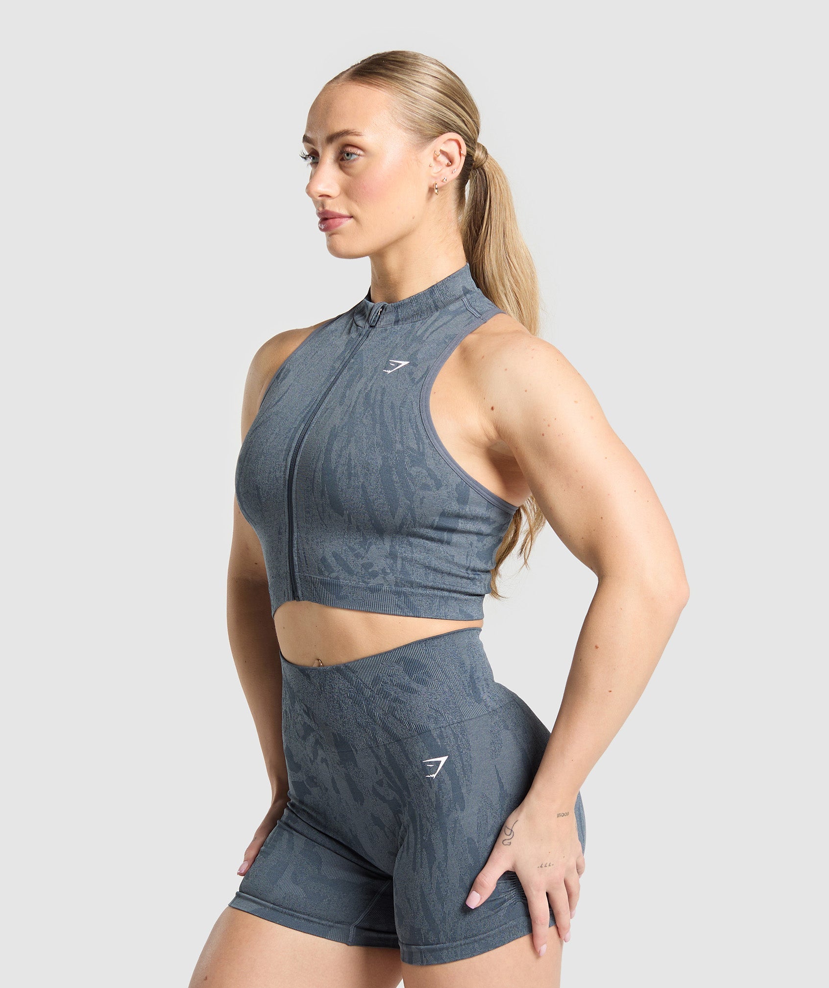 Adapt Camo Seamless Zip Up Crop Top Titanium Blue/Denim Grey