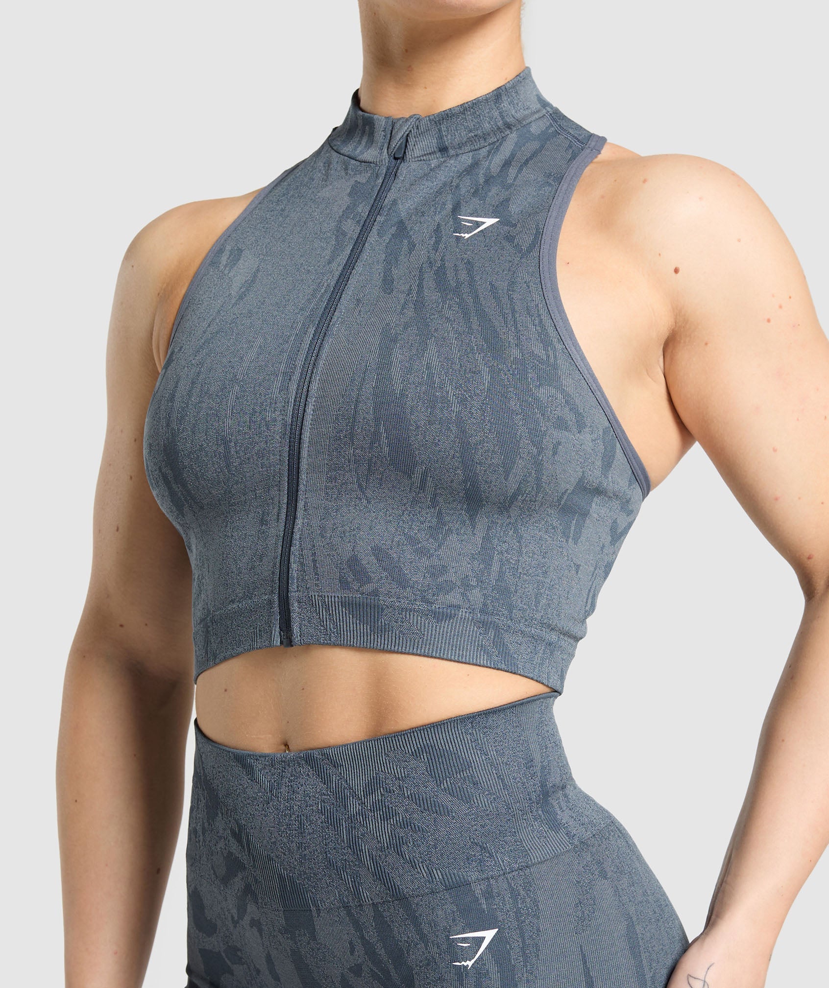 Adapt Camo Seamless Zip Up Crop Top Titanium Blue/Denim Grey