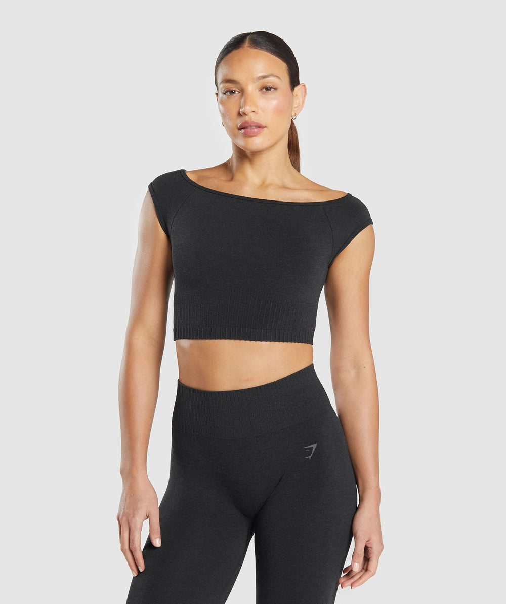 Luxe Seamless Boat Neck Crop Top Coal Marl